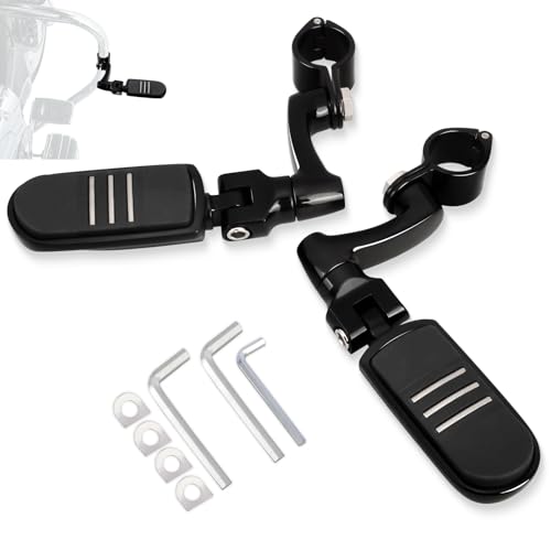 FOVPLUE 1.25" /32mm Highway Foot Pegs w/360° Adjustable Long Mounts Universal for Harley Touring Street Glide/Road Glide/Electric Glide/Road King Indian Motorcycle w/1-1/4" Crash Bar,BLACK#11