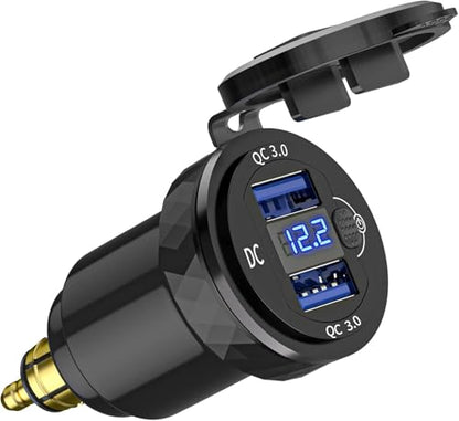 Hella Din Motorcycle USB Charger (NOT for Car Cigarette Socket) – Dual USB-A QC3.0 18W Waterproof Charger w/Switch & Voltmeter for BMW Ducati Triumph