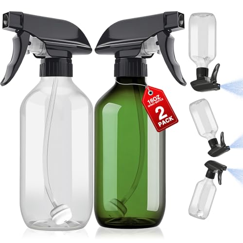 2 Packs Plastic Spray Bottles 360°Water Spray Bottle for Cleaning - 16.9 oz/500 ml Upside Down Spray Bottle Small Squirt Bottle with Adjustable Nozzle for Hair, Cooking, Plant, Pet (Clear + Green) - color: Clear & Green, size: 16 Ounce