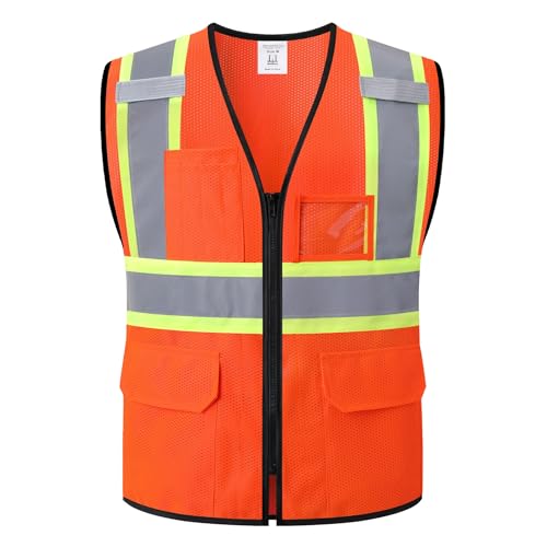 Reflective Safety Vest for Men Women Hi Vis Vest with Pockets High Visibility Vest Mesh Construction Vests Meets ANSI/ISEA Standards (Orange-33, Medium) - color: Orange-33, size: Medium