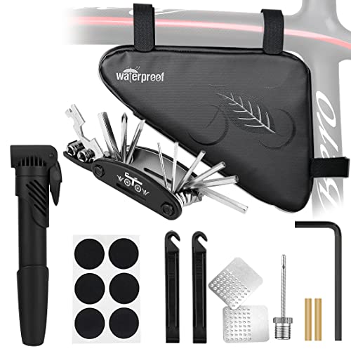 WOTOW Bike Tire Repair Tool Kit, Waterproof Frame Storage Bag & Mini Bike Pump & 16 in 1 Multitool & Bicycle Tyre Lever Patch Portable Repair Tool Accessories Set for Road Mountain BMX Cycling - style: 16 in 1 Multitool