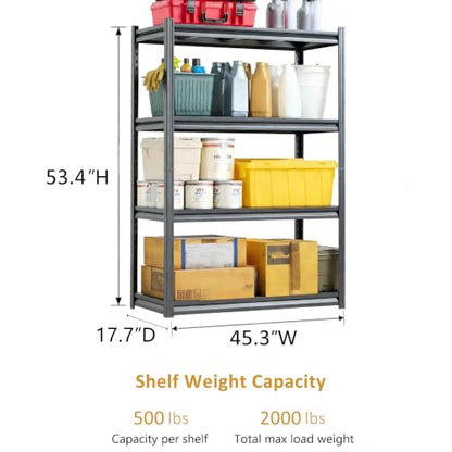 18"D Heavy Duty Garage Shelves, 4-Tier Adjustable Metal Shelving Unit, 2000LBS, Storage Shelf Rack Organizer for Basement Pantry Warehouse Kitchen, Black, 45.3"W x 17.7"D x 53.4"H - size: 4 Tier | 54" H x 45" W x 18" D