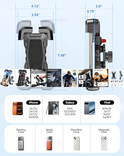 Motorcycle Phone Mount with Vibration Dampener, Bike Phone Holder Handlebar Clamp, 1s Lock Scooter Phone Clip for iPhone 17 16 Pro Max, Galaxy S25 Ultra, 4.7"-7.2" (Clamp Base) - color: Clamp Base