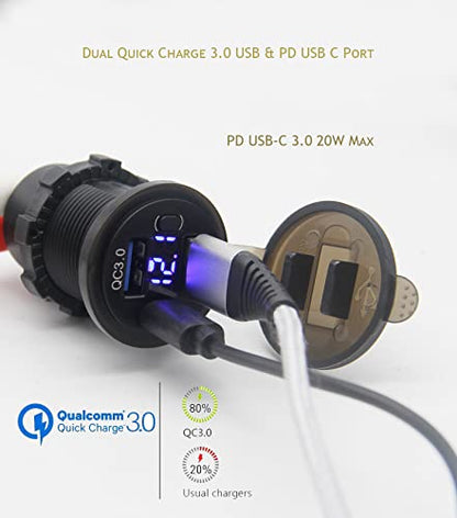 Dual USB Quick Charge 3.0 Port & PD USB C Car Charger Socket, 12V USB Outlet with Voltmeter and Power Switch for Car Boat Marine Truck - color: 2QC+1PD