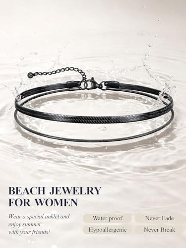 U7 Silver/Gold Ankle Bracelets for Women Layered Chain Anklets Stainless Steel Waterproof Summer Beach Anklet Cham, Adjustable 8.5"-10.5" - color: Black - Flat Snake Chain+Snake Chain