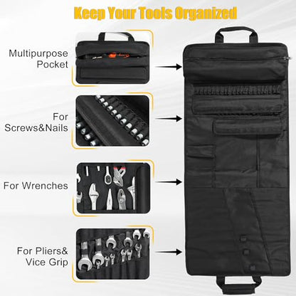 Tool Bag,Large Roll-Up Tool Bag Organizer with 28 Pocket Organizer, 34 Socket Slots, Heavy Duty Portable Tool Storage Carrier Bag for Men,Mechanic,Electrician & Hobbyist,Black