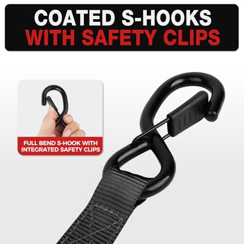 Retractable Ratchet Straps with Soft Loops (4 Pack)-(1,500lb Break Strength)-1 Inch x 12 Feet Heavy Duty Auto Self Retracting Tie Down Strap for Truck, Cargo Trailer, Motorcycle, Rad & More - color: Black Retractable