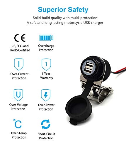 Cliff Top Motorcycle USB Charger Waterproof Dual USB Port 4.6A 23W Aluminium, Heavy Duty for 7/8’’ and 1’’ Handlebars - Prevents Battery Drain (Black) - color: Black