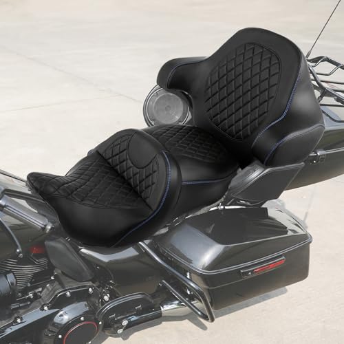 CC RIDER Gel Seat Driver Passenger Seat+ King/Chopped Trunk Backrest Pad Fit For Harley 2014-2023 Touring Street Glide Road Glide Electra Glide CVO,Diamond Stitching - color: 04# Gel Blue+ Tour Trunk Backrest