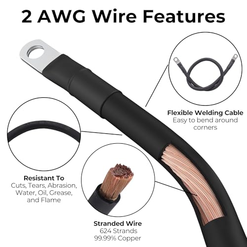 2 AWG Battery Cable with Battery Terminals, Pure Copper Wire, Automotive, Solar Power Inverter, Welding, Golf Cart, Lawn Mower, Motorcycle (Black Wire, 1 FT (12 in), 5/16" Lugs on Both Ends, 1pc) - color: Black, size: 1 FT 5/16" Lugs