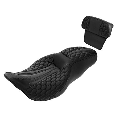 SLMOTO Rider Seat Cushion w/Backrest Pad Fits For Harley Touring Road King Street Glide Electra Glide Road Glide Tri-Glide Trike 2014-2023 Motorcycle Two Up Seat Custom Driver Passenger Leather Seat - color: Black + Passenger Backrest SP