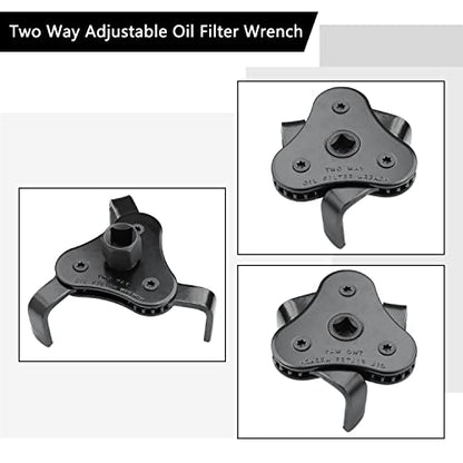 Universal Adjustable Oil Filter Wrench, Carbon Steel, Black, 1/2 & 3/8 Inch Square Drive Socket, 3-Jaw & 2-Way Design - style: Universal