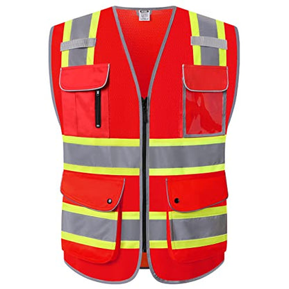 Retro-Reflection Red Mesh Safety Vests With 9 Pockets and Front Zipper ANSI/ISEA 107-2015 (Red-04, Large) - color: Red-4, size: Large
