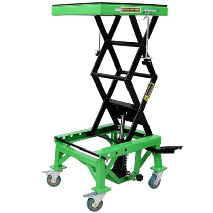 350 LBS Hydraulic Motorcycle Lift Jack, Foot-Operated Scissor Lift Stand with Locking Casters, J-Hook & Rubber Top Platform for Dirt Bikes, Motorcycles and ATVs
