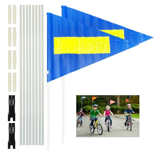 Bike Safety Flag with Pole 2 Sets, 6-Foot Adjustable Height Sturdy Fiberglass Tear-Resistant Waterproof Orange Safety Flag (Blue + Reflective Strip) - color: Blue + Reflective Strip