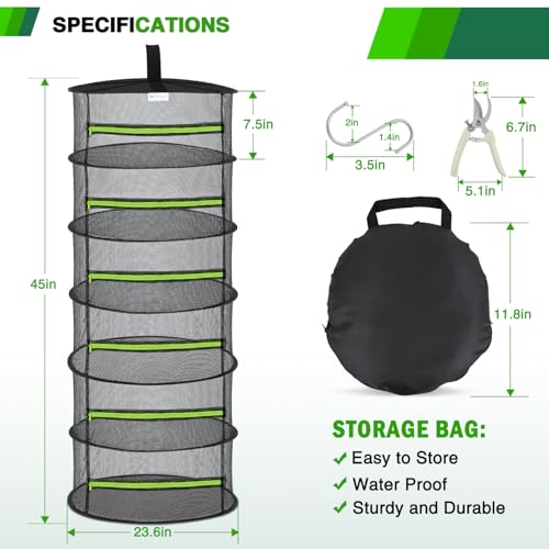 Yesker 6 Layer Herb Drying Rack Hanging Mesh Net Foldable Plant Drying Racks 24" w Green Zipper Pruning Shears Dryer Hanging Rack for Herbs Seed Bud Fruit Clothes Grow Tent Closet Garden Outdoor 2 PCS - size: 2 PCS 6 Layers