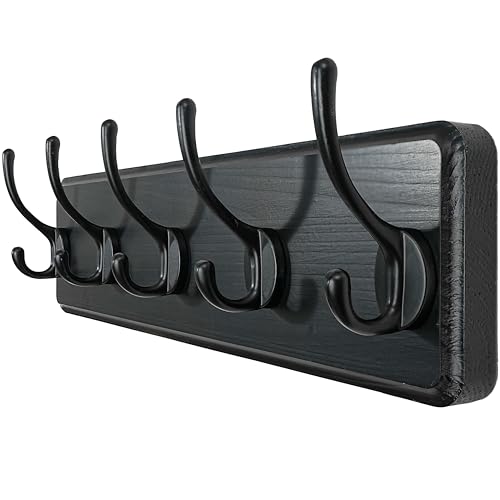 WEBI Coat Rack Wall Mount,Coat Hanger Wall,16" Hole to Hole,Coat Hooks Wall Mounted,Hook Rack,5 Hooks for Hanging Coats,Hats,Jacket,Clothes,Entryway,Black - color: Black Wood/Black Hook, size: 17.3 Inch-5 Hooks