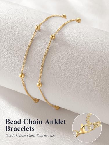 U7 Silver/Gold Ankle Bracelets for Women Layered Chain Anklets Stainless Steel Waterproof Summer Beach Anklet Cham, Adjustable 8.5"-10.5" - color: Gold - Layered Ball Chain