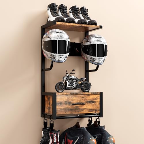Motorcycle Helmet Holder Wall Mounted, Helmet Holder Wall Mount with Helmets Rack and Hooks for for 6 Helmets, Riding Suits & Accessories, Sturdy Construction Storage Organizer for Entryway or Garage - color: Retro-with Drawer