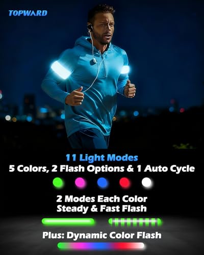 Topward LED Armband 2 Pack, Light up Reflective Arm Bands Glow Bracelets, Running Lights for Runners Dog Walking - 5 Colors 11 Light Modes - Adjustable Velcro - Rechargeable - color: Black