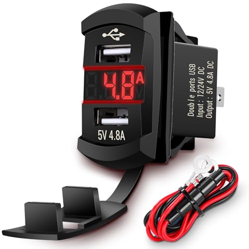 Rocker Switch USB Charger with New Updated Ammeter and Voltmeter Universal Fits Rocker Switch Panel 12V 24V Dual USB Charging Port Outlet for RV Cars Marine Boats ATVs Trailers - color: Red, size: Dual USB Current-voltmeter