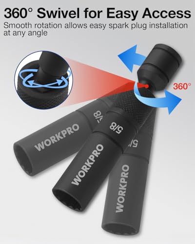 WORKPRO 5/8" Swivel Magnetic Spark Plug Socket 12-Point, 1mm Thin Wall, 360 Swivel, 3/8" Drive x 4", Black Phosphate Finish, Anti-Slip Knurled Grip - size: 5/8"×3/8"×4"
