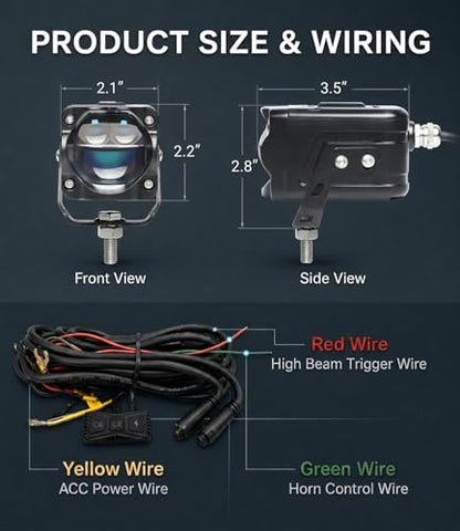 Motorcycle LED Auxiliary Lights, 7 Modes White/Amber Fog Driving Spotlights with Wiring Harness, ACC Control, High Beam Linkage, and 360° Mount Brackets for Motorcycle E-Bike ATV UTV Truck, 2Pcs - size: 2.2''x3.5‘’