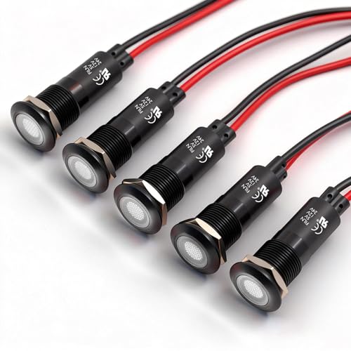 5PCS 12mm(1/2") Waterproof 5V 12V 24V LED Indicator Light White Metal Signal Dash Pilot Light for Automotive Industrial Equipment(12V-24V White LED Light - color: 12mm-White Light-5PCS