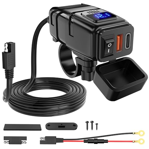 Nilight Motorcycle USB Type C Port 12V Voltmeter Independent On Off Switch SAE Inline 10A Fuse Waterproof 6.8A QC3.0 Fast Phone Tablet for 7/8inch Handlebar - color: USB+PD Type C Charger Motorcycle