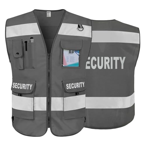 TCCFCCT Security Vest for Security Guard 9 Pockets High Visibility Reflective Safety Vest for Men Women, Durable Hi Vis Vest with Reinforced Sewing, Meets ANSI/ISEA, (G100S-Grey, S) - color: Fabric Grey-bison 08, size: Small