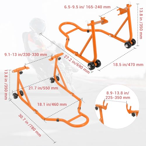 Motorcycle Stand Lift, 850lbs Front Rear Stand Lift Stand, Universal Paddock Lift Stand, Front Wheel Fork Stand, Rear U+L Fork Swingarm Spool Stand, for Parking, Maintenance, Cleaning