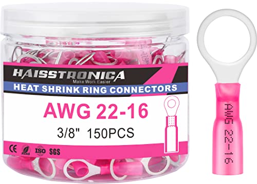 haisstronica 150PCS Heat Shrink Ring Terminals 3/8" Marine Grade Wire Connectors Red AWG 22-16 Gauge, Tinned Red Copper 0.7mm Resistant Ring Connectors, Brazed-Seam Insulated Electrical Crimp - color: Red, size: Ring 3/8"