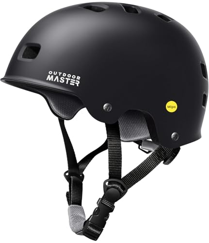 OutdoorMaster MIPS Skateboard Cycling Helmet for Adults - Lightweight, Ventilated Multi-Sport Helmet with Two Removable Liners for Scooter, Roller Skating, Inline Skating, Rollerblading - color: Black, size: Medium
