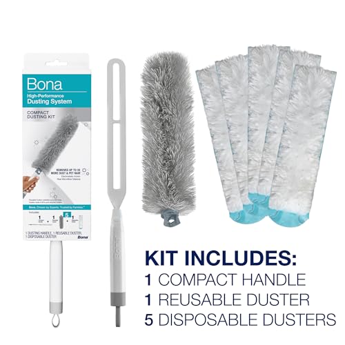 Bona High Performance Dusting System - 1 Compact Handle, 5 Disposable Dusters, & 1 Reusable Duster - Compact Dusting Kit Removes Dust & Pet Hair - style: Compact Dusting Kit