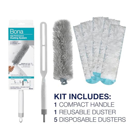 Bona High Performance Dusting System - 1 Compact Handle, 5 Disposable Dusters, & 1 Reusable Duster - Compact Dusting Kit Removes Dust & Pet Hair - style: Compact Dusting Kit