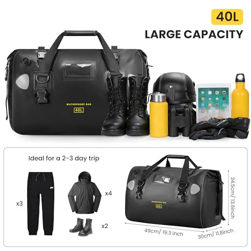 HOMIEE 40L Waterproof Duffel Bag, Waterproof Motorcycle Dry Travel Bag Tail Bag with Roll Top Closure & Shoulder Straps Outer Mesh Zipper Pocket for Camping, Kayaking, Fishing & Traveling - color: Black