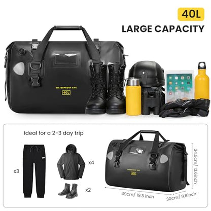 HOMIEE 40L Waterproof Duffel Bag, Waterproof Motorcycle Dry Travel Bag Tail Bag with Roll Top Closure & Shoulder Straps Outer Mesh Zipper Pocket for Camping, Kayaking, Fishing & Traveling - color: Black