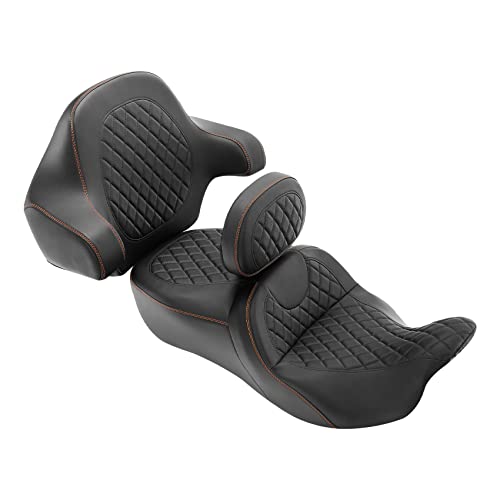 C.C. RIDER Seat & Rider Backrest & Passenger Backrest Pad Diamond 2-Up One-Piece Sissy Bar fit for Harley Touring Road King FLHR Street Glide FLHX Road Glide FLTRX 2014-2023 - color: 04# Brown+ Rider/ Passenger Backrests