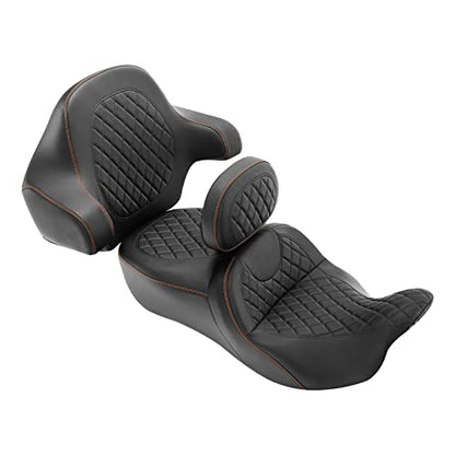 C.C. RIDER Seat & Rider Backrest & Passenger Backrest Pad Diamond 2-Up One-Piece Sissy Bar fit for Harley Touring Road King FLHR Street Glide FLHX Road Glide FLTRX 2014-2023 - color: 04# Brown+ Rider/ Passenger Backrests