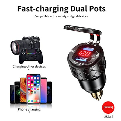 Kewig Aluminum DIN Plug Charger Motorcycle Dual Quick 3.0 USB Charger Power Adapter with LED Display Waterproof for 12V-24V BMW Ducati Triumph DIN Socket - style: Red with Blue Light