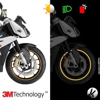 VFLUO - Motorcycle Reflective Wheel Stripes kit, 1 Wheel Rim Stickers Pack, 3M Technology™ - High lateral Visibility, Discreet and Design, Easy Installation