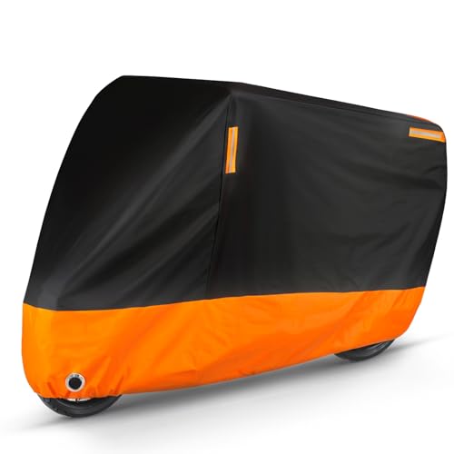 Puroma Motorcycle Cover Heavy Duty Scooter Cover Waterproof Outdoor All Season Universal Weather Quality Protection with Night Reflective, Lock Holes and Storage Bag Fits up to 97" Motorcycle Vehicle - color: Orange & Black, size: 97'' L x 41'' W x 49'' H