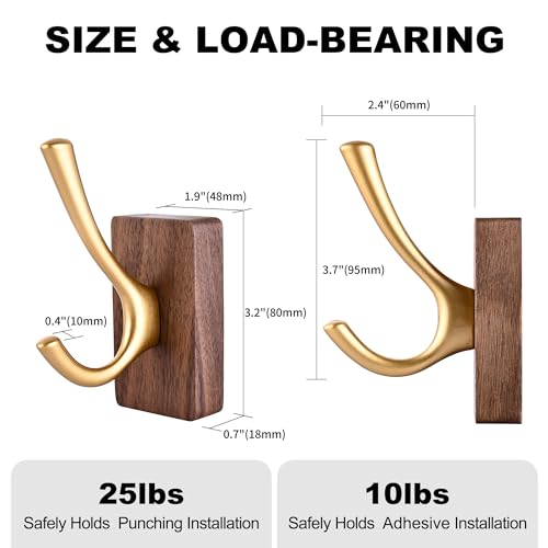 4 Pack Walnut Wood Wall Coat Hooks for Hanging, Adhesive Mounted & Wall Mount Heavy Duty Wooden Double Hook Hanger for Towel Backpack Hat Jacket Clothes Blanket Purse Robe Key Gold Hook - color: Gold Coat Hooks