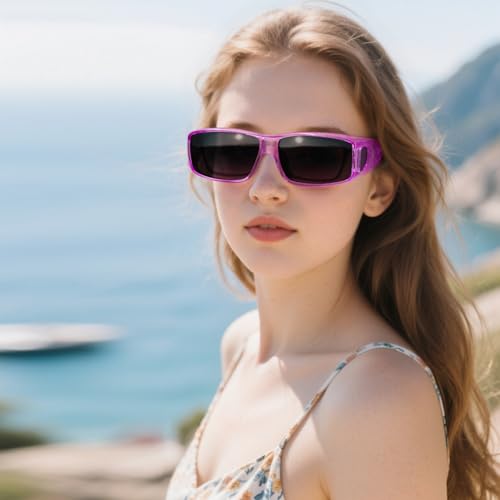 Wzerry Sunglasses Fit Over Glasses Polarized for Men Women, Wrap-Around Glasses UV400 Protection for Driving and Outdoor - color: Transparent Purple/Grey + Transparent Purple/Pink + Transparent Purple/Silver