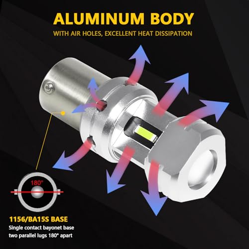 PHINLION 1156 Ice Blue LED Light Bulbs, Super Bright 12V 24V P21W 7506 BA15S 1141 LED Replacement for Car Back Up Reverse or Daytime Running Lights, Non-Polarity, Pack of 2 - color: Ice Blue