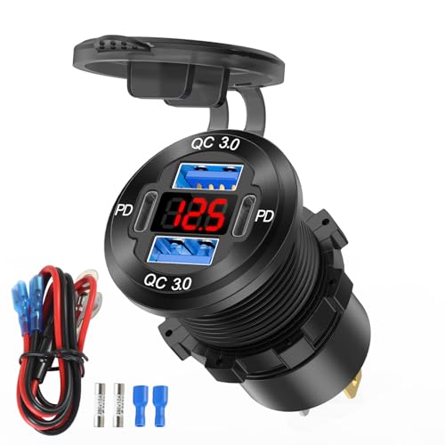 12V USB Outlet 4 Port Car Charger Socket, Dual PD USB C and Dual Quick Charge 3.0 Port Aluminum Charger with Red Voltmeter DIY Kit Waterproof for Car Boat Marine Motorcycle RV ATV Truck Golf Cart, etc - color: 1 pack