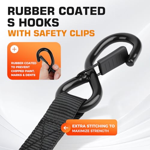 Kingfun Retractable Ratchet Straps (4-Pack) - 1 Inch x 10 Feet Auto Self Retracting Tie Down Straps - 1,760lb Break Strength Heavy Duty Cargo Straps for Motorcycle, ATV, UTV, Trailer & More - Black - color: Black