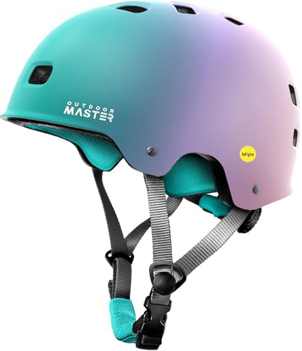 OutdoorMaster MIPS Skateboard Cycling Helmet for Adults - Lightweight, Ventilated Multi-Sport Helmet with Two Removable Liners for Scooter, Roller Skating, Inline Skating, Rollerblading - color: Fuschia Teal, size: Small