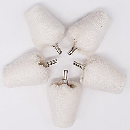 Swpeet 5 Pcs Cone-Shaped White Flannelette Polishing Wheel Grinding Head with 1/4" Handle for Metal Aluminum/Stainless Steel/Chrome/Jewelry/Wood/Plastic/Ceramic/Glass