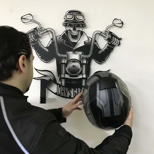 Custom Metal Skull Garage Wall Hanger – Personalized “Your Name Garage” Helmet and Jacket Rack – Handmade Laser Cut Black Steel Wall Art for Motorcycle Lovers Gift (52X59cm/20X23 Inches) - size: 52X59cm/20X23 Inches